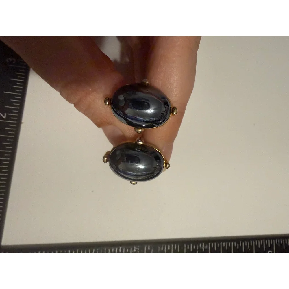 Vintage Gold Tone Hematite Cabochon Cufflinks Oval‎ Grey Stone Formal Mens